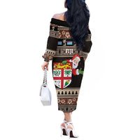 Fiji Christmas Off The Shoulder Long Sleeve Dress Fijian Masi Marau na Kerisimasi! - Brown LT14 - Polynesian Pride
