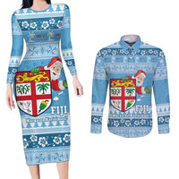 Fiji Christmas Couples Matching Long Sleeve Bodycon Dress and Long Sleeve Button Shirt Fijian Masi Marau na Kerisimasi! - Blue LT14 Blue - Polynesian Pride