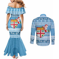 Fiji Christmas Couples Matching Mermaid Dress and Long Sleeve Button Shirt Fijian Masi Marau na Kerisimasi! - Blue LT14 - Polynesian Pride