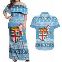 Fiji Christmas Couples Matching Off Shoulder Maxi Dress and Hawaiian Shirt Fijian Masi Marau na Kerisimasi! - Blue LT14 Blue - Polynesian Pride