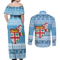 Fiji Christmas Couples Matching Off Shoulder Maxi Dress and Long Sleeve Button Shirt Fijian Masi Marau na Kerisimasi! - Blue LT14 - Polynesian Pride