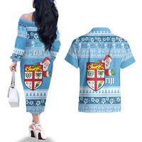 Fiji Christmas Couples Matching Off The Shoulder Long Sleeve Dress and Hawaiian Shirt Fijian Masi Marau na Kerisimasi! - Blue LT14 - Polynesian Pride