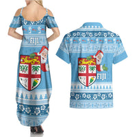Fiji Christmas Couples Matching Summer Maxi Dress and Hawaiian Shirt Fijian Masi Marau na Kerisimasi! - Blue LT14 - Polynesian Pride
