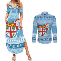 Fiji Christmas Couples Matching Summer Maxi Dress and Long Sleeve Button Shirt Fijian Masi Marau na Kerisimasi! - Blue LT14 Blue - Polynesian Pride