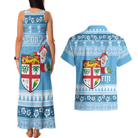 Fiji Christmas Couples Matching Tank Maxi Dress and Hawaiian Shirt Fijian Masi Marau na Kerisimasi! - Blue LT14 - Polynesian Pride