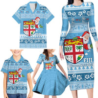 Fiji Christmas Family Matching Long Sleeve Bodycon Dress and Hawaiian Shirt Fijian Masi Marau na Kerisimasi! - Blue LT14 - Polynesian Pride
