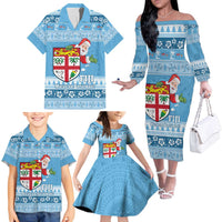 Fiji Christmas Family Matching Off The Shoulder Long Sleeve Dress and Hawaiian Shirt Fijian Masi Marau na Kerisimasi! - Blue LT14 - Polynesian Pride