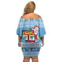 Fiji Christmas Family Matching Off Shoulder Short Dress and Hawaiian Shirt Fijian Masi Marau na Kerisimasi! - Blue LT14 - Polynesian Pride