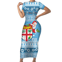 Fiji Christmas Family Matching Short Sleeve Bodycon Dress and Hawaiian Shirt Fijian Masi Marau na Kerisimasi! - Blue LT14 Mom's Dress Blue - Polynesian Pride