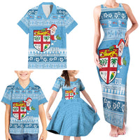 Fiji Christmas Family Matching Tank Maxi Dress and Hawaiian Shirt Fijian Masi Marau na Kerisimasi! - Blue LT14 - Polynesian Pride