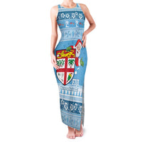 Fiji Christmas Family Matching Tank Maxi Dress and Hawaiian Shirt Fijian Masi Marau na Kerisimasi! - Blue LT14 Mom's Dress Blue - Polynesian Pride