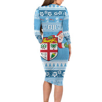 Fiji Christmas Long Sleeve Bodycon Dress Fijian Masi Marau na Kerisimasi! - Blue LT14 - Polynesian Pride