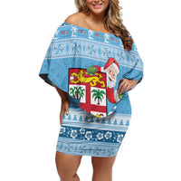 Fiji Christmas Off Shoulder Short Dress Fijian Masi Marau na Kerisimasi! - Blue LT14 Women Blue - Polynesian Pride