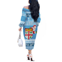 Fiji Christmas Off The Shoulder Long Sleeve Dress Fijian Masi Marau na Kerisimasi! - Blue LT14 - Polynesian Pride