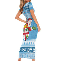Fiji Christmas Short Sleeve Bodycon Dress Fijian Masi Marau na Kerisimasi! - Blue LT14 - Polynesian Pride