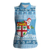 Fiji Christmas Women Sleeveless Polo Shirt Fijian Masi Marau na Kerisimasi! - Blue LT14 Female Blue - Polynesian Pride