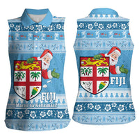 Fiji Christmas Women Sleeveless Polo Shirt Fijian Masi Marau na Kerisimasi! - Blue LT14 - Polynesian Pride