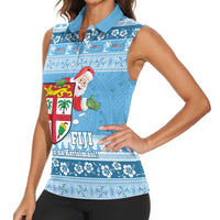 Fiji Christmas Women Sleeveless Polo Shirt Fijian Masi Marau na Kerisimasi! - Blue LT14 - Polynesian Pride