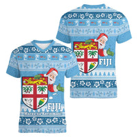 Fiji Christmas Women V-Neck T-Shirt Fijian Masi Marau na Kerisimasi! - Blue LT14 - Polynesian Pride