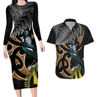 Aotearoa Kowhai Tui Bird Couples Matching Long Sleeve Bodycon Dress and Hawaiian Shirt Maori Ngaru With Silver Fern LT14 Black - Polynesian Pride
