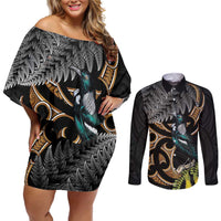 Aotearoa Kowhai Tui Bird Couples Matching Off Shoulder Short Dress and Long Sleeve Button Shirt Maori Ngaru With Silver Fern LT14 Black - Polynesian Pride