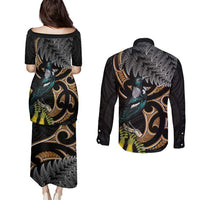 Aotearoa Kowhai Tui Bird Couples Matching Puletasi and Long Sleeve Button Shirt Maori Ngaru With Silver Fern LT14 - Polynesian Pride