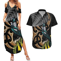 Aotearoa Kowhai Tui Bird Couples Matching Summer Maxi Dress and Hawaiian Shirt Maori Ngaru With Silver Fern LT14 Black - Polynesian Pride