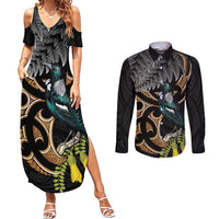 Aotearoa Kowhai Tui Bird Couples Matching Summer Maxi Dress and Long Sleeve Button Shirt Maori Ngaru With Silver Fern LT14 Black - Polynesian Pride