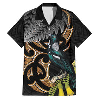 Aotearoa Kowhai Tui Bird Family Matching Mermaid Dress and Hawaiian Shirt Maori Ngaru With Silver Fern LT14 Dad's Shirt - Short Sleeve Black - Polynesian Pride