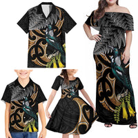 Aotearoa Kowhai Tui Bird Family Matching Off Shoulder Maxi Dress and Hawaiian Shirt Maori Ngaru With Silver Fern LT14 - Polynesian Pride
