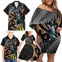 Aotearoa Kowhai Tui Bird Family Matching Off Shoulder Short Dress and Hawaiian Shirt Maori Ngaru With Silver Fern LT14 - Polynesian Pride