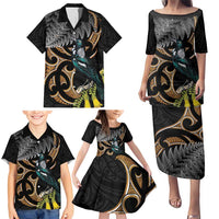 Aotearoa Kowhai Tui Bird Family Matching Puletasi and Hawaiian Shirt Maori Ngaru With Silver Fern LT14 - Polynesian Pride