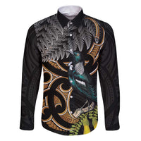 Aotearoa Kowhai Tui Bird Family Matching Puletasi and Hawaiian Shirt Maori Ngaru With Silver Fern LT14 Dad's Shirt - Long Sleeve Black - Polynesian Pride
