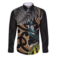 Aotearoa Kowhai Tui Bird Family Matching Short Sleeve Bodycon Dress and Hawaiian Shirt Maori Ngaru With Silver Fern LT14 Dad's Shirt - Long Sleeve Black - Polynesian Pride