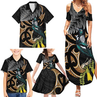 Aotearoa Kowhai Tui Bird Family Matching Summer Maxi Dress and Hawaiian Shirt Maori Ngaru With Silver Fern LT14 - Polynesian Pride