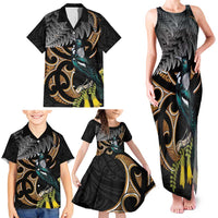 Aotearoa Kowhai Tui Bird Family Matching Tank Maxi Dress and Hawaiian Shirt Maori Ngaru With Silver Fern LT14 - Polynesian Pride
