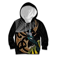Aotearoa Kowhai Tui Bird Kid Hoodie Maori Ngaru With Silver Fern LT14 Hoodie Black - Polynesian Pride