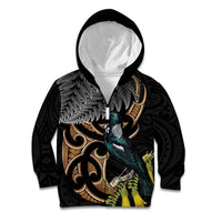 Aotearoa Kowhai Tui Bird Kid Hoodie Maori Ngaru With Silver Fern LT14 Zip Hoodie Black - Polynesian Pride