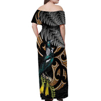 Aotearoa Kowhai Tui Bird Off Shoulder Maxi Dress Maori Ngaru With Silver Fern LT14 - Polynesian Pride