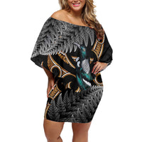 Aotearoa Kowhai Tui Bird Off Shoulder Short Dress Maori Ngaru With Silver Fern LT14 Women Black - Polynesian Pride