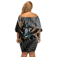 Aotearoa Kowhai Tui Bird Off Shoulder Short Dress Maori Ngaru With Silver Fern LT14 - Polynesian Pride