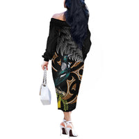 Aotearoa Kowhai Tui Bird Off The Shoulder Long Sleeve Dress Maori Ngaru With Silver Fern LT14 - Polynesian Pride