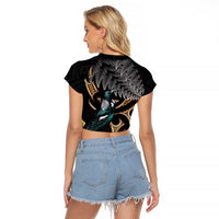 Aotearoa Kowhai Tui Bird Raglan Cropped T Shirt Maori Ngaru With Silver Fern LT14 - Polynesian Pride