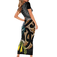 Aotearoa Kowhai Tui Bird Short Sleeve Bodycon Dress Maori Ngaru With Silver Fern LT14 - Polynesian Pride