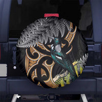 Aotearoa Kowhai Tui Bird Spare Tire Cover Maori Ngaru With Silver Fern LT14 No hole Black - Polynesian Pride