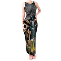 Aotearoa Kowhai Tui Bird Tank Maxi Dress Maori Ngaru With Silver Fern LT14 Women Black - Polynesian Pride