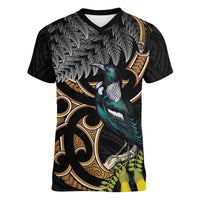 Aotearoa Kowhai Tui Bird Women V-Neck T-Shirt Maori Ngaru With Silver Fern LT14 Female Black - Polynesian Pride