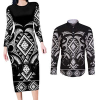 Black Ngaru Taniko With Aotearoa Maori Tattoo Couples Matching Long Sleeve Bodycon Dress and Long Sleeve Button Shirt LT14 Black - Polynesian Pride