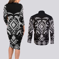 Black Ngaru Taniko With Aotearoa Maori Tattoo Couples Matching Long Sleeve Bodycon Dress and Long Sleeve Button Shirt LT14 - Polynesian Pride