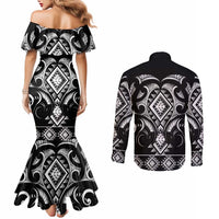 Black Ngaru Taniko With Aotearoa Maori Tattoo Couples Matching Mermaid Dress and Long Sleeve Button Shirt LT14 - Polynesian Pride